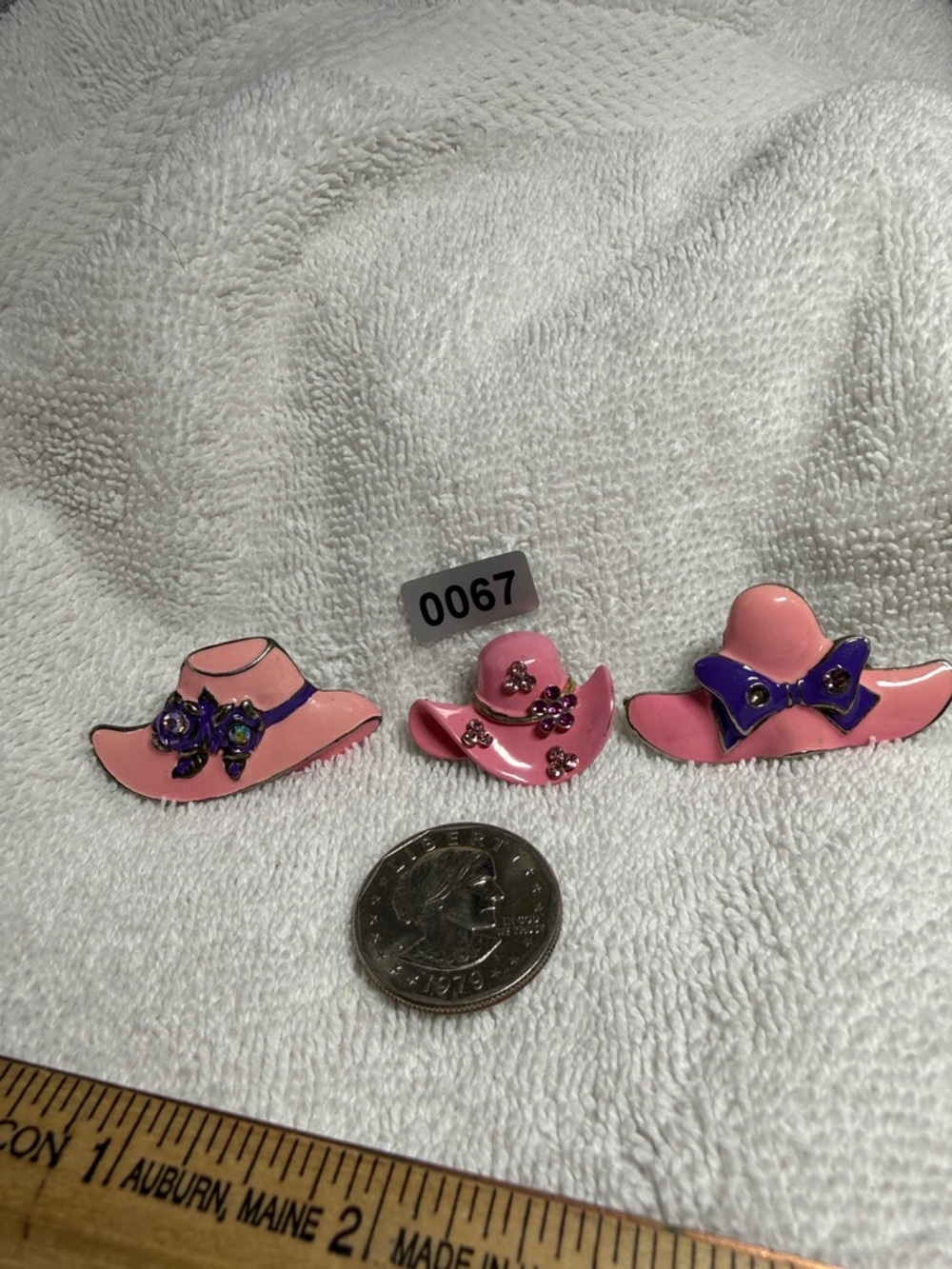 Pink Enamel Hat Brooch Trio - Smaller Rhinestone marked “Best”